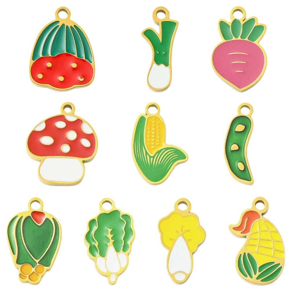 6174 10 pcs 10 Styles 304 Stainless Steel Vegetable Enamel Charms Food